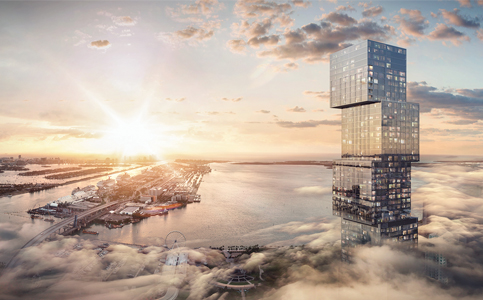 Glass cube Waldorf Astoria tower rising skyward